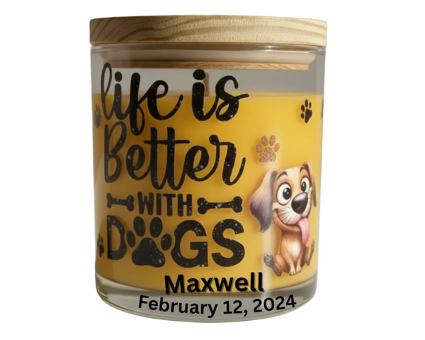 Candle jar with 'life is better with dogs' text and a dog illustration on a wooden surface.