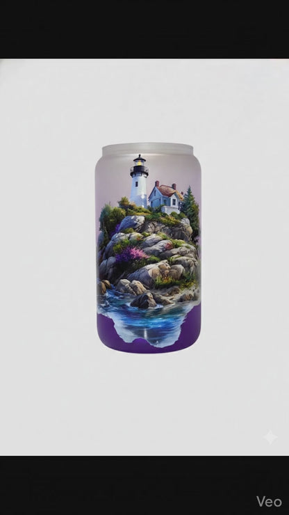 "Coastal Lighthouse" 16 oz Glass Can, Lid & Straw | Personalized