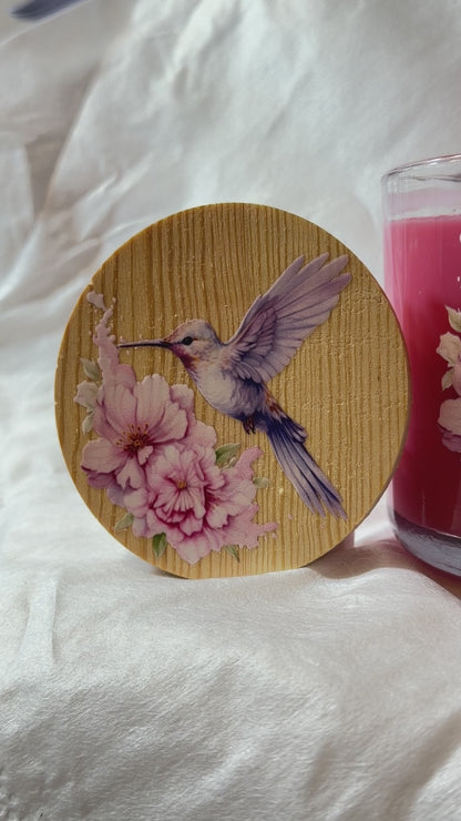 "Hummingbird & Pink Floral" Peony Rose Scented Soy Candle