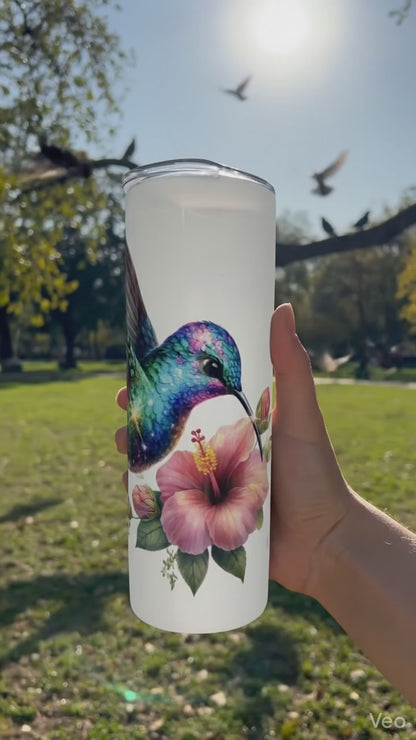 Color-Changing Hummingbird 20 oz Thermal Tumbler - UV Reactive Hibiscus Design | Personalized Insulated Tumbler