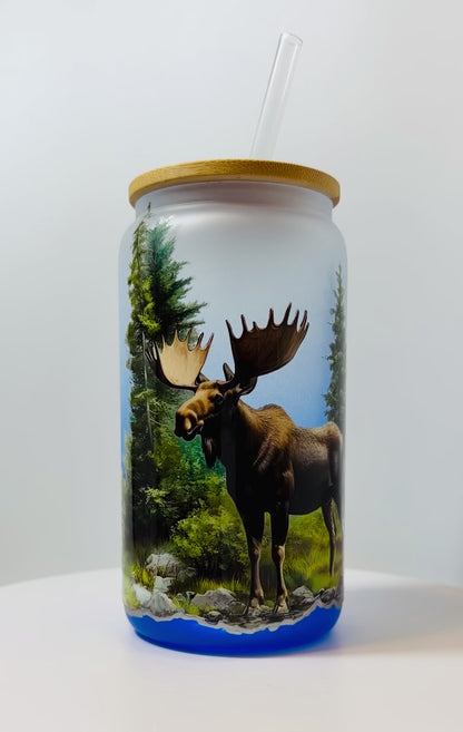"Moose in Nature" 16 oz Glass Can, Lid & Straw | Personalized