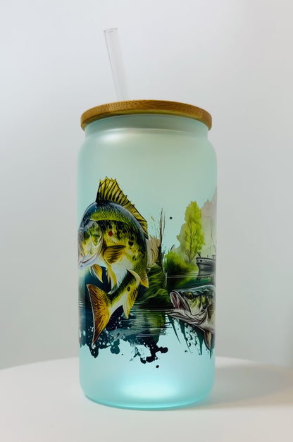 Personalized Fishing Color-Changing 16 oz Glass Jar with Bamboo Lid & Straw