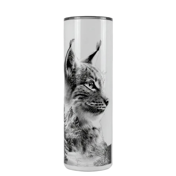 Tumbler with a lynx design on a gray background