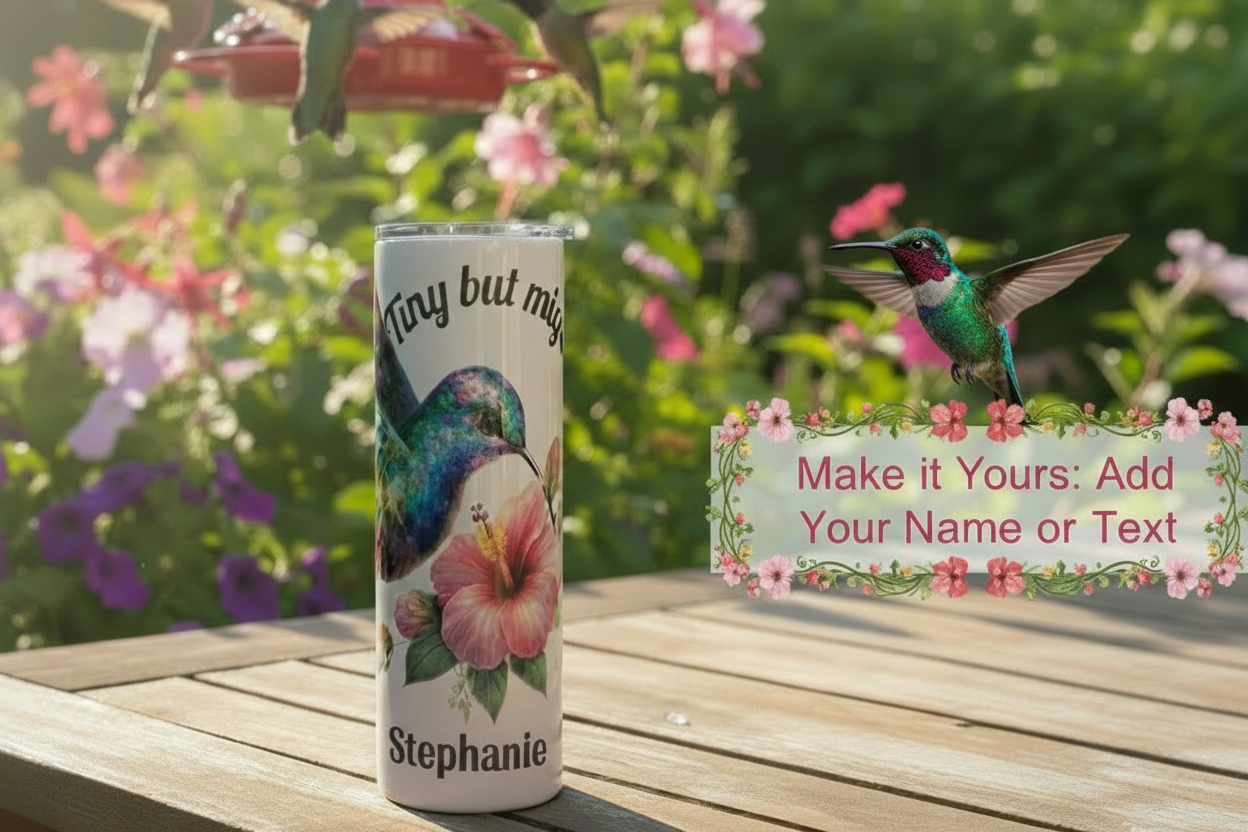 Tumbler with floral design and text on a wooden surface with flowers in the background