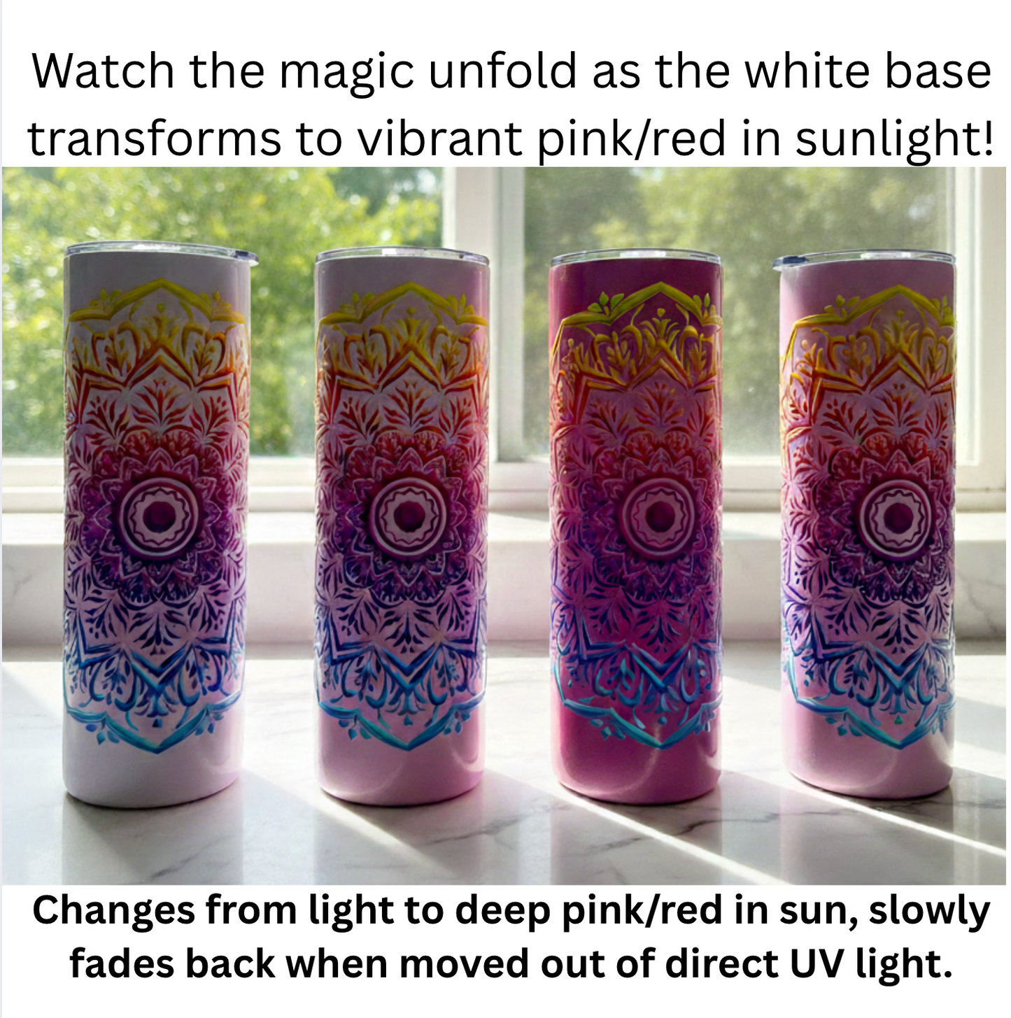 Four tumblers with colorful designs and text describing their color-changing properties.