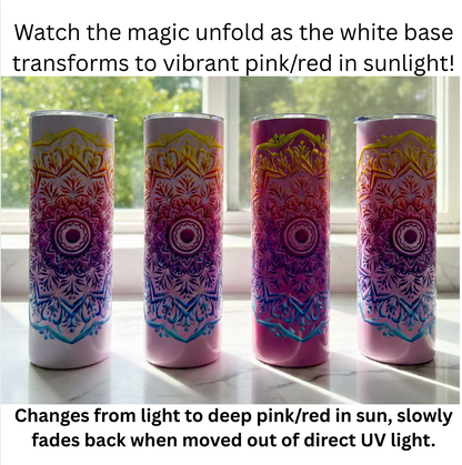 Four tumblers with colorful designs and text describing their color-changing properties.