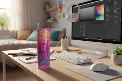 Pink cylindrical container with intricate patterns on a white background